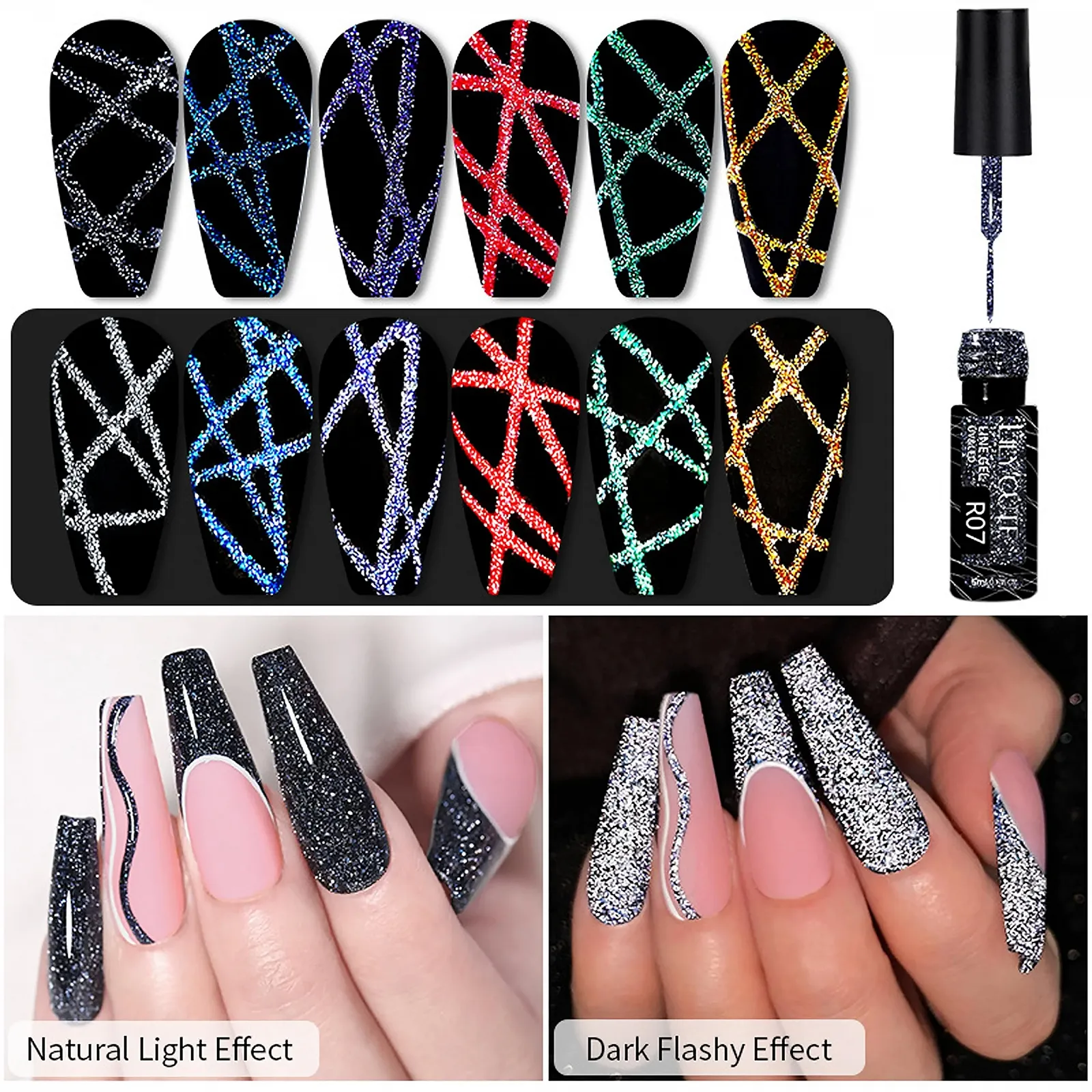 УФ-лайнер лак для ногтей Gold - Glitter Gel для ногтей с тонкой кистью, французский маникюр для самостоятельного салонного дизайна, УФ-лак для маникюра для женщин (Gold), фото №4