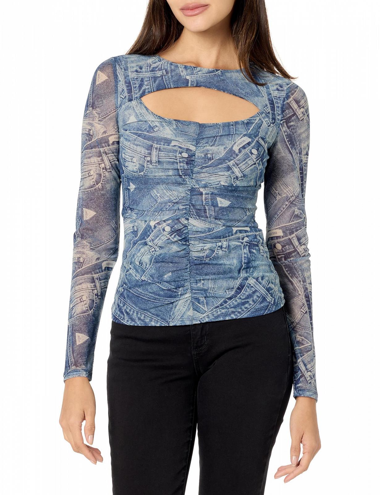 Жіночий лонгслів GUESS - Brienna Cut-Out Top - Синій з джинсовим принтом - S, фото №1 Жіночий лонгслів GUESS - Brienna Cut-Out Top - Синій з джинсовим принтом - S, фото №1