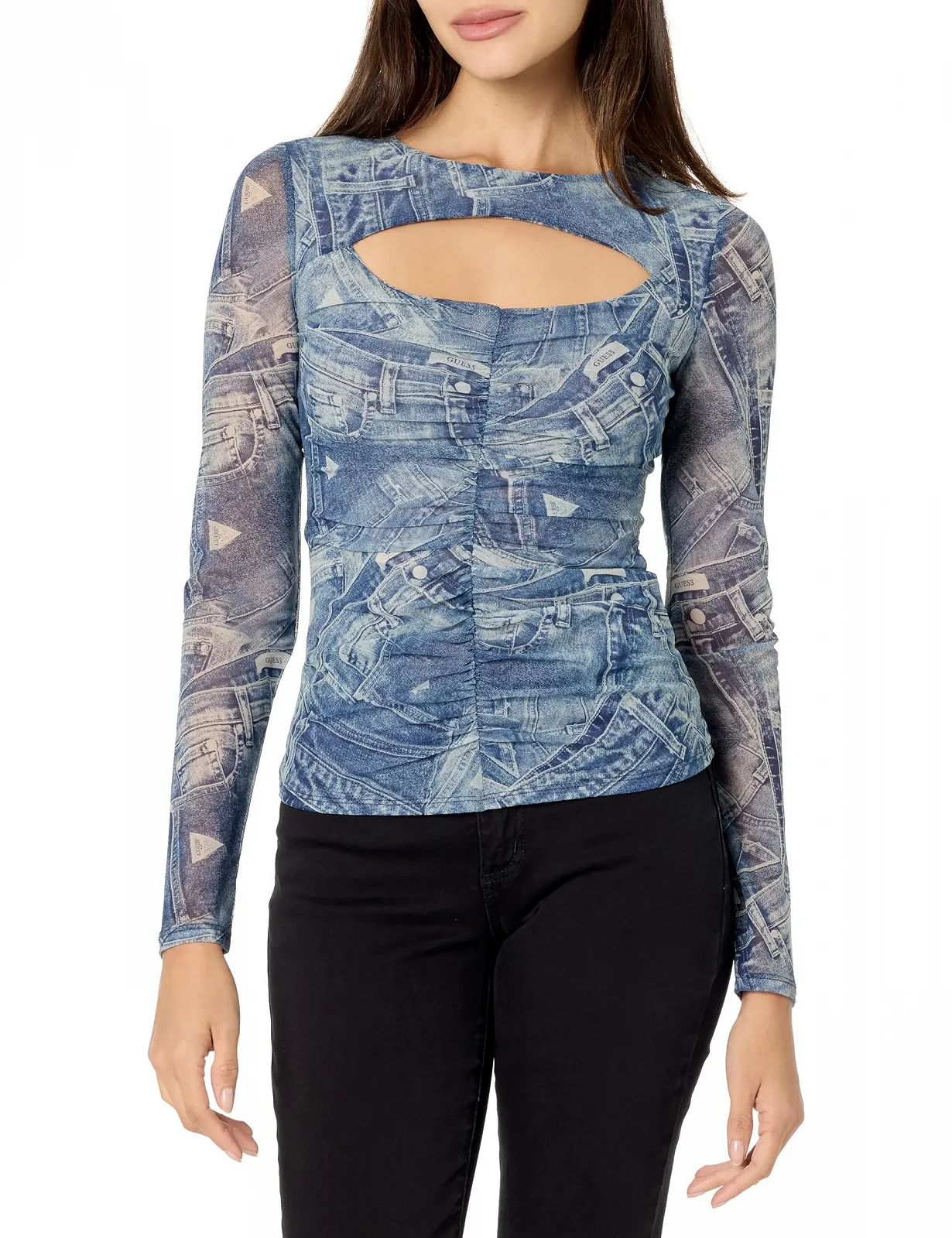 Сорочка з довгими рукавами GUESS Brienna з вирізом, денім-принт, маленька, фото №1