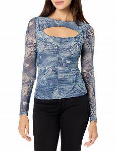 Женская рубашка с длинными рукавами GUESS Brienna с вырезом, джинсовый принт, маленькая - Фото 1
