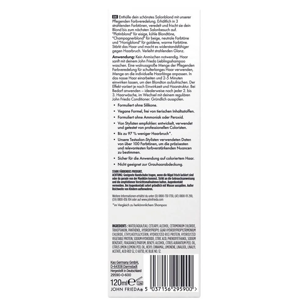 Средство для окрашивания волос John Frieda Salon Blonde Platinum Blonde 120 мл, фото №2 Средство для окрашивания волос John Frieda Salon Blonde Platinum Blonde 120 мл, фото №2