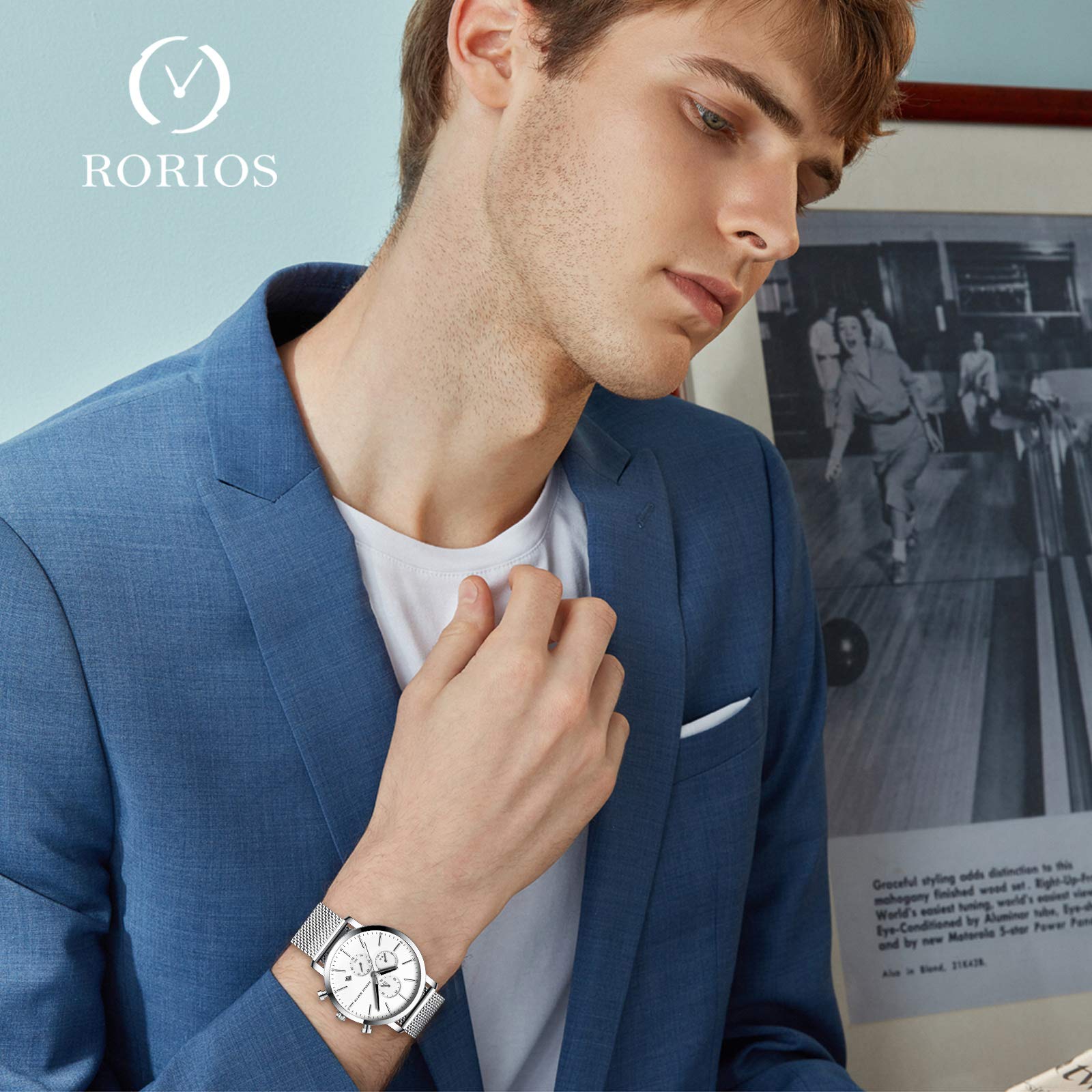 Годинник rorios Хронограф Аналоговий Кварцовий Чоловічий Годинник з ремінцем з нержавіючої сталі Водонепроникний, фото №2