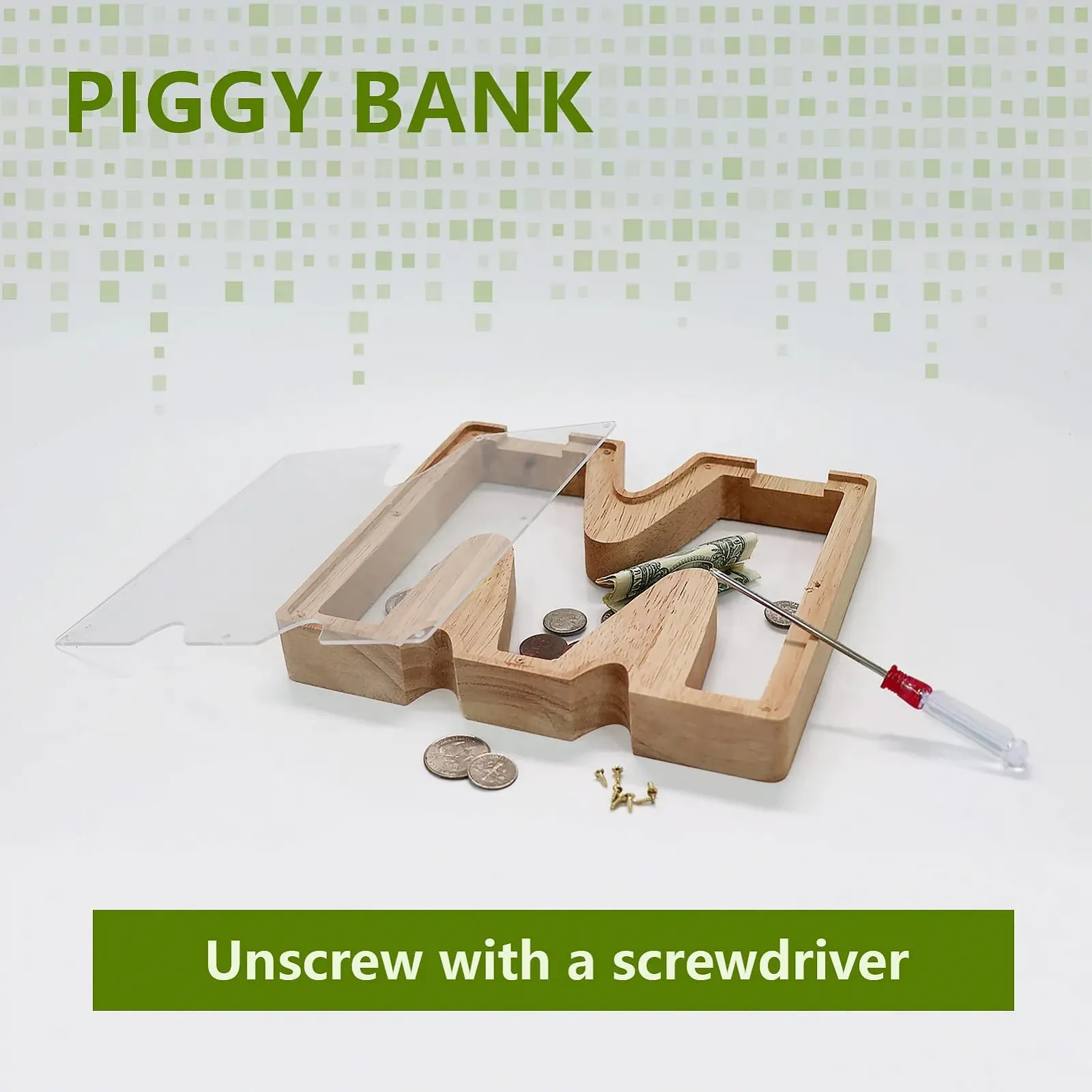 Скарбничка дерев'яна у формі літери M з прозорим вікном, фото №3