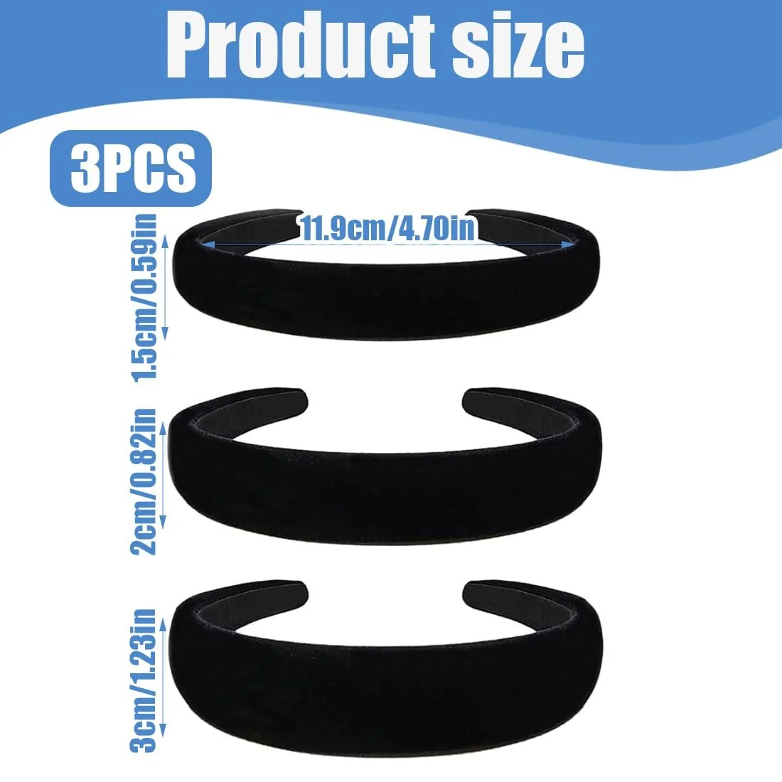 Набір оксамитових обручів 3 шт. Чорний, фото №2 Набір оксамитових обручів 3 шт. Чорний, фото №2