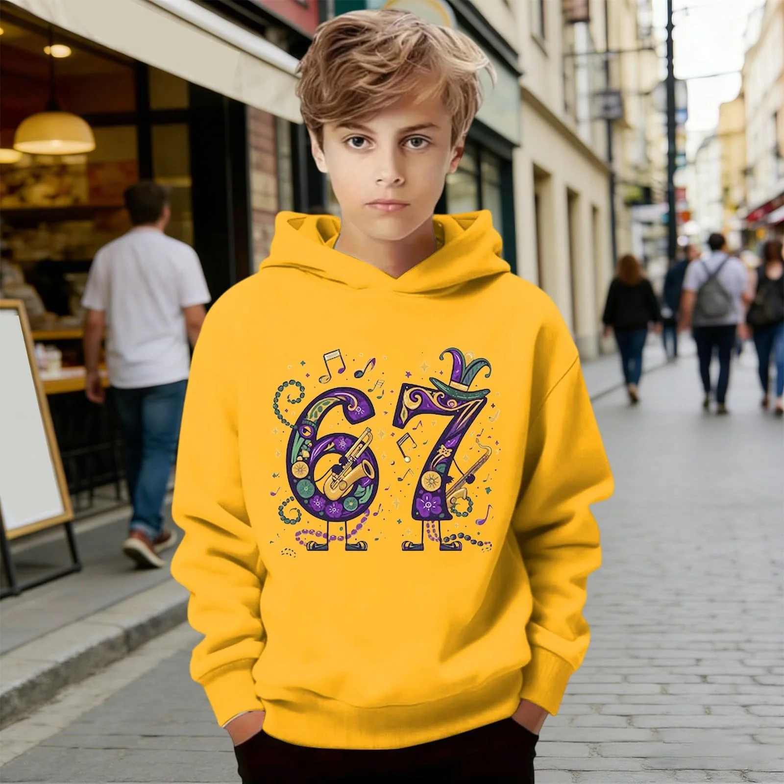 Худи 67 с карнавальным узором для мальчиков, с длинными рукавами, повседневный свитшот с передним карманом для детей и подростков, фото №3