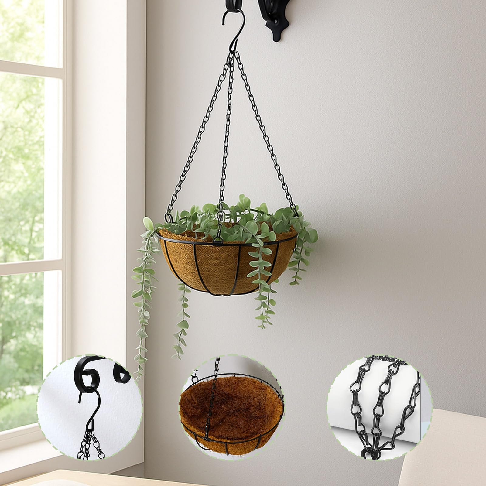 Ланцюги для підвісних кошиків Металеві 3-точкові 58 см 4 шт. Чорні, фото №4