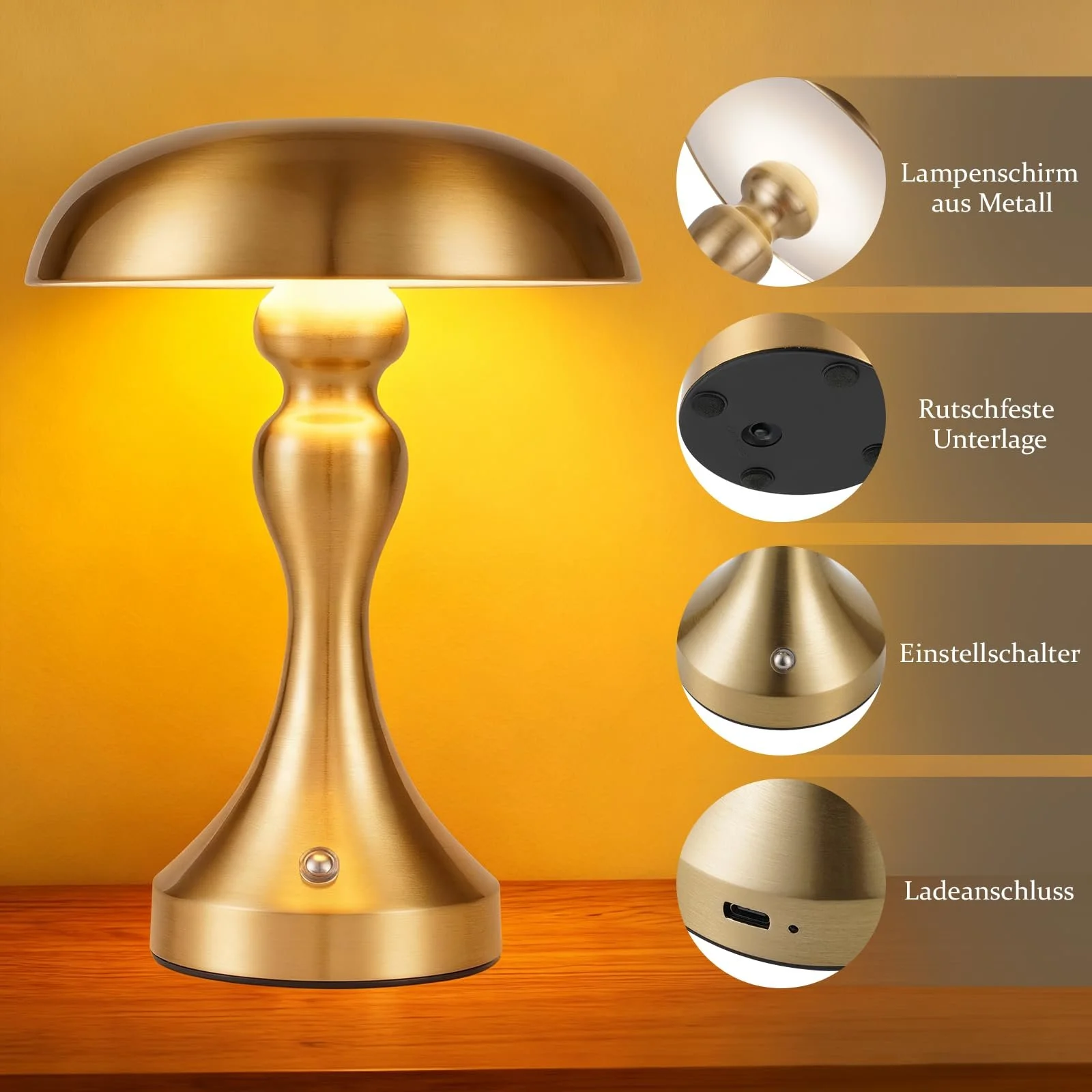 Настільна лампа LED акумуляторна сенсорна димована Vintage USB Золота бронза, фото №5