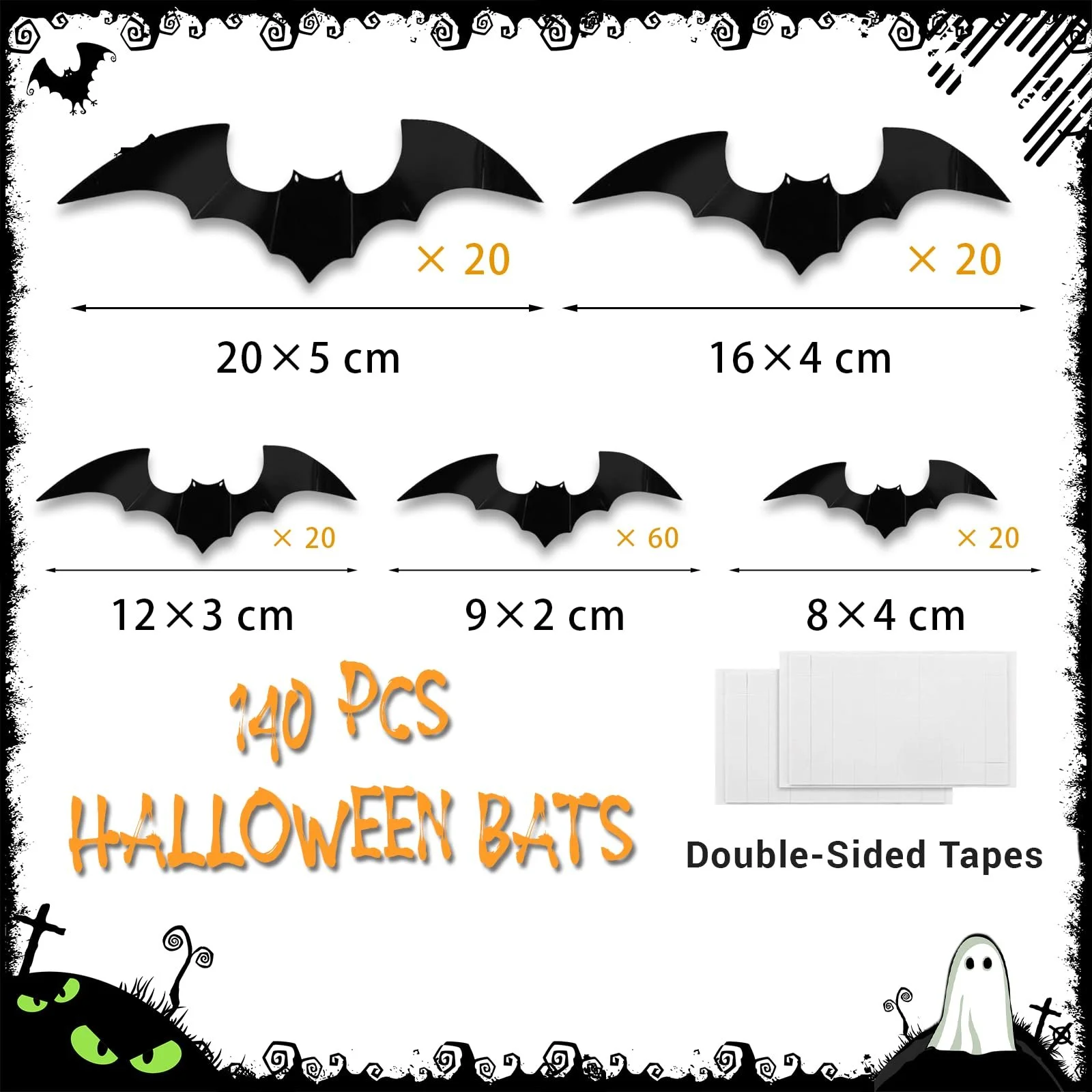 Наклейки на стіну 3D Black Bat 140 шт 5 розмірів чорні, фото №7