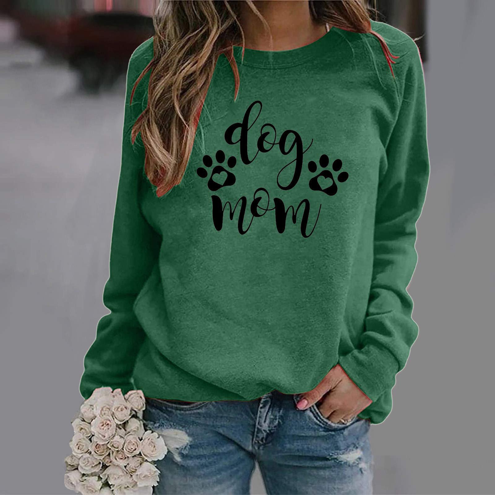 Женский свитшот 2024 без капюшона, пуловер с длинными рукавами, свитшот с принтом собачьей лапы, блузка для девушек-подростков, повседневные топы с карманом, фото №2