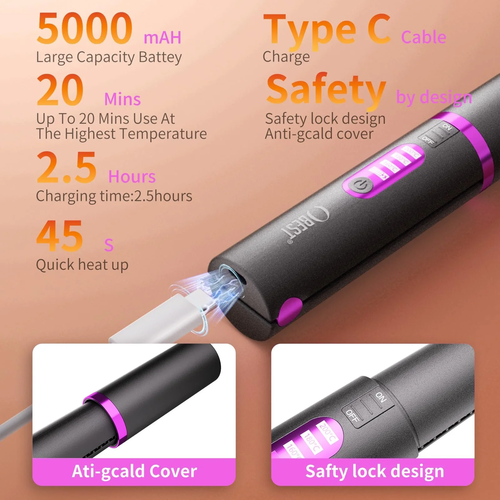 Бездротовий випрямляч OBEST 2-в-1 5000 mAh швидке нагрівання 3 рівні температури Type-C, фото №5 Бездротовий випрямляч OBEST 2-в-1 5000 mAh швидке нагрівання 3 рівні температури Type-C, фото №5