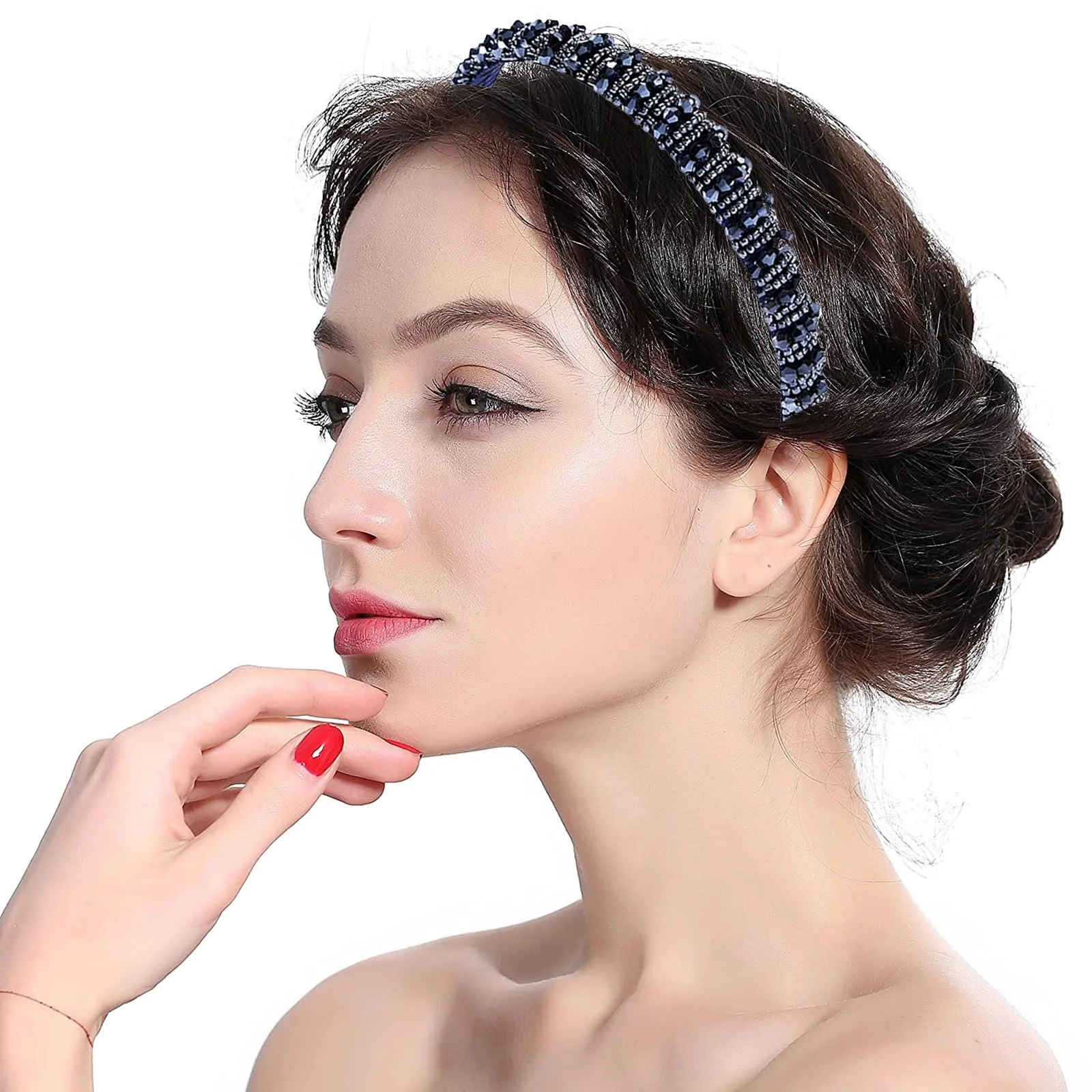 Обруч Темно-синій Плетений Ланцюжок з Намистин з Кристалічними Намистинами, фото №6