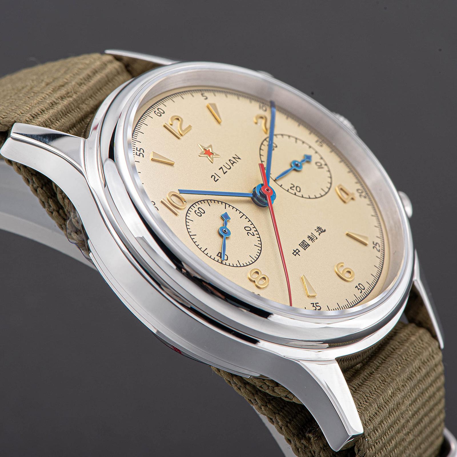 Чоловічі годинники Seagull 1963 SU1963BNX 38 мм хронограф пілота ST1901 сапфірове скло додатковий коричневий шкіряний ремінець зелений, фото №6