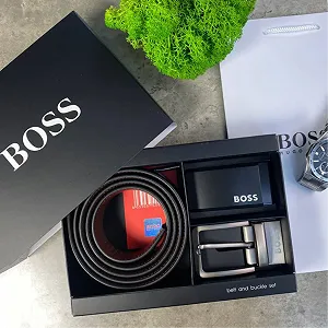 Чоловічий ремінь BOSS брендовий набір шкіряний пояс і дві змінні пряжки - Фото 1