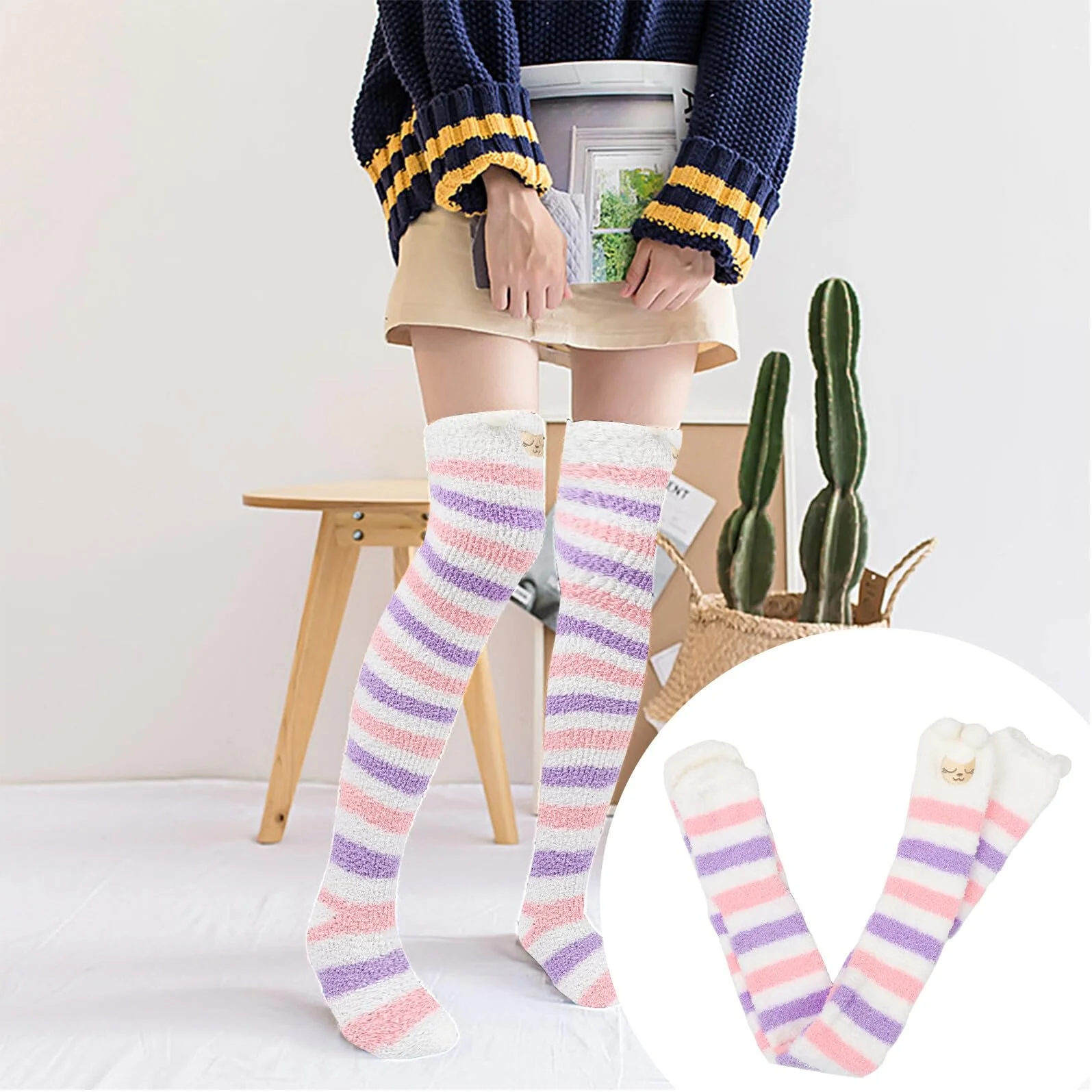 Высокие носки выше колена HEMOTON Флисовые для девочек Зимние Теплые Мягкие Комфортные для ежедневного сна на Рождество, фото №9