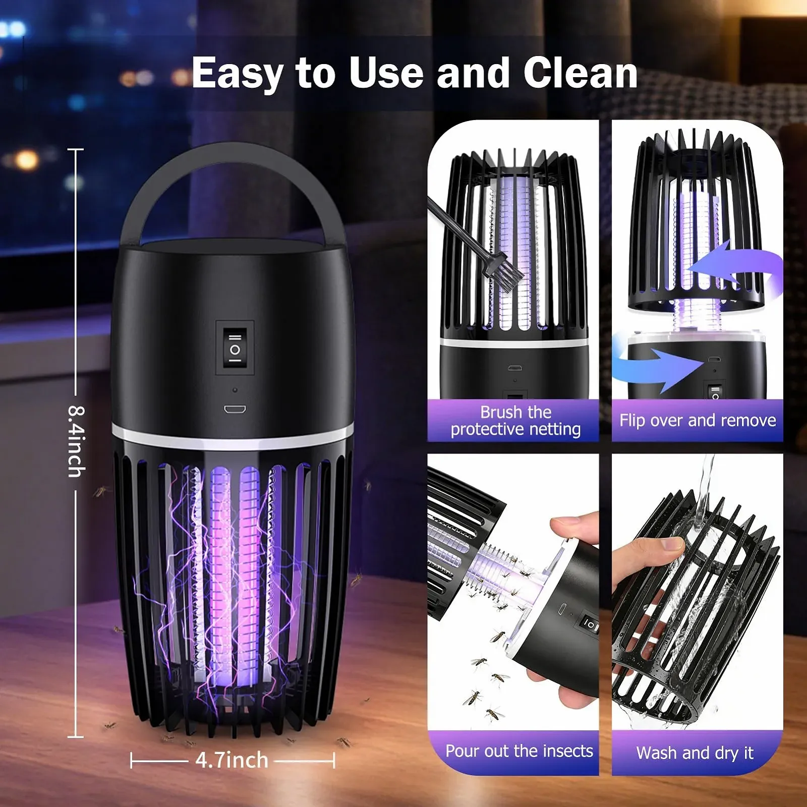 Уничтожитель насекомых электрический 4000 mAh 365nm UV с ночником бесшумный, фото №7