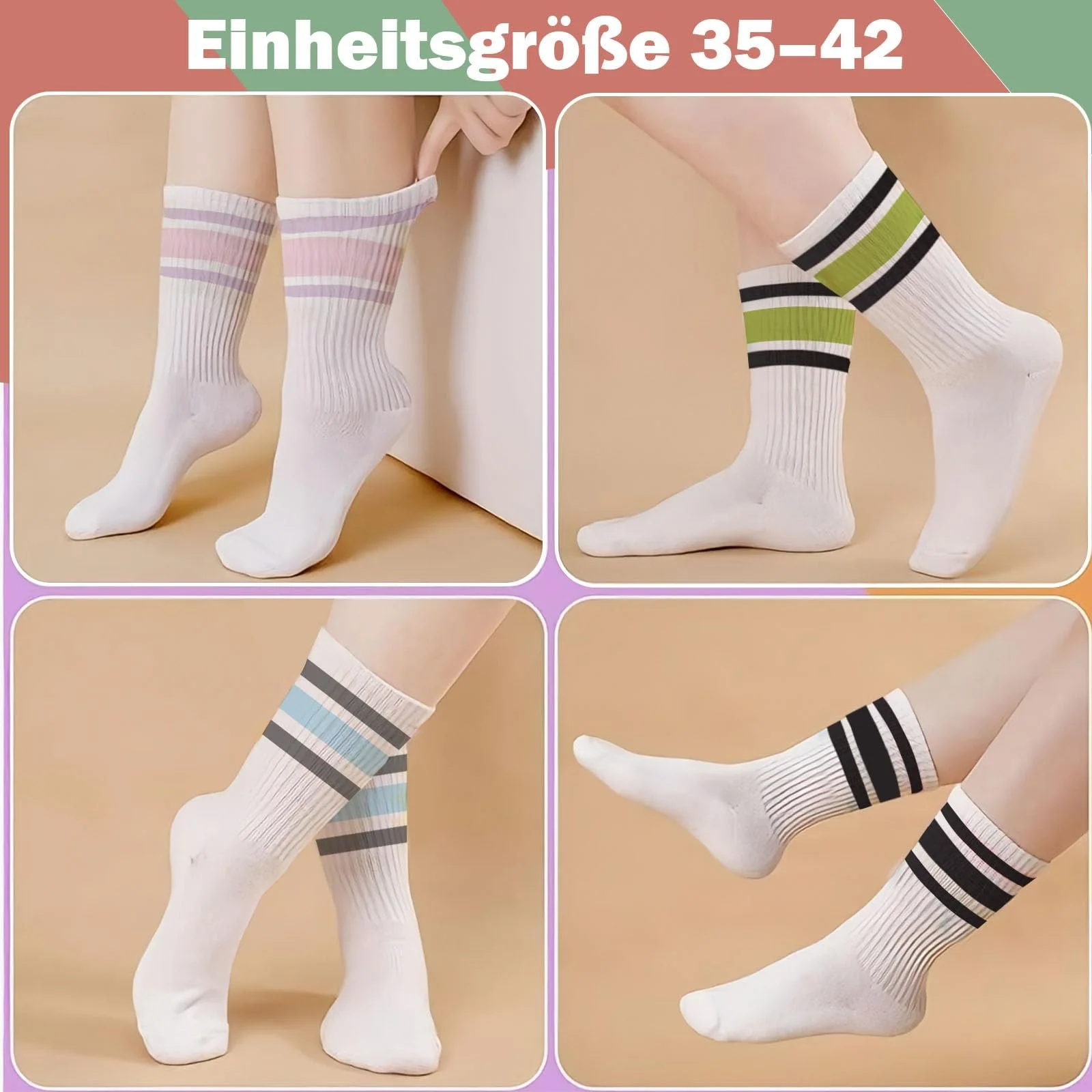 Носки теннисные 4 пары White зеленый, белый голубой, белый розовый, белый черный, фото №6