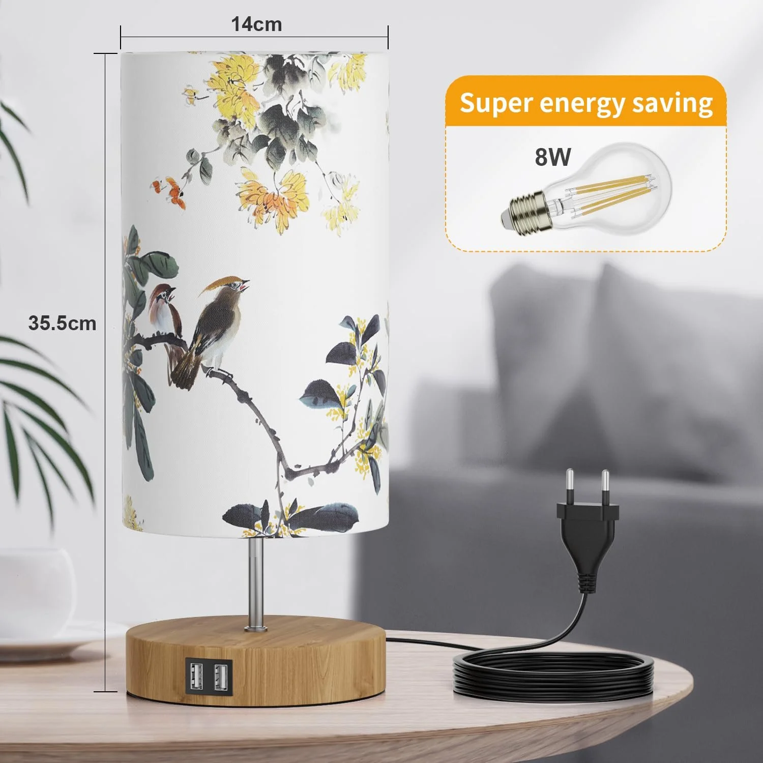 Настільна лампа GPATIO Bedside Lamp сенсорна з 2 USB-портами малюнок Птахи, фото №4