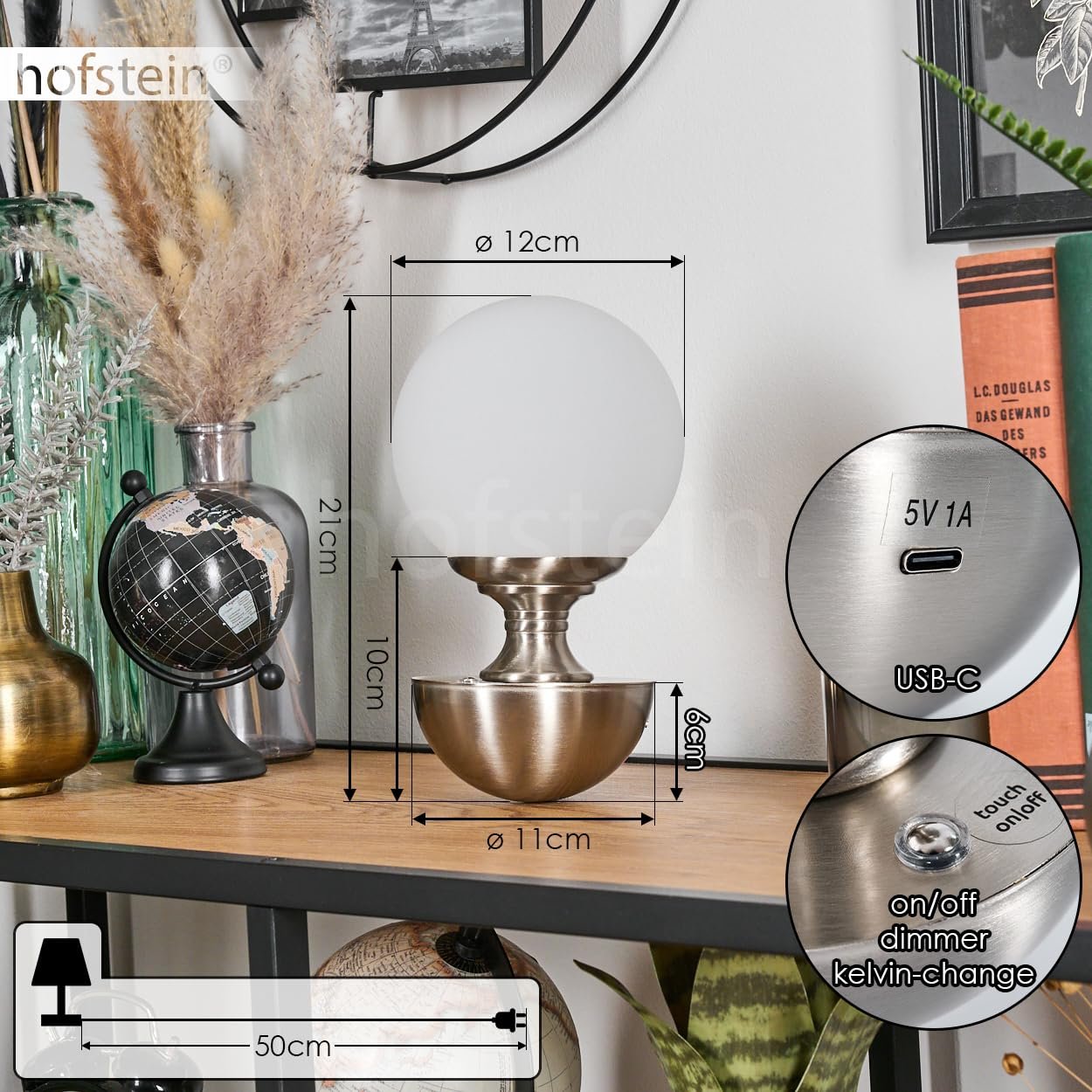 Світлодіодна настільна лампа Lakolk метал/скло акумуляторна 2,5 Вт 243 лм USB-C матовий нікель/матове скло, фото №5