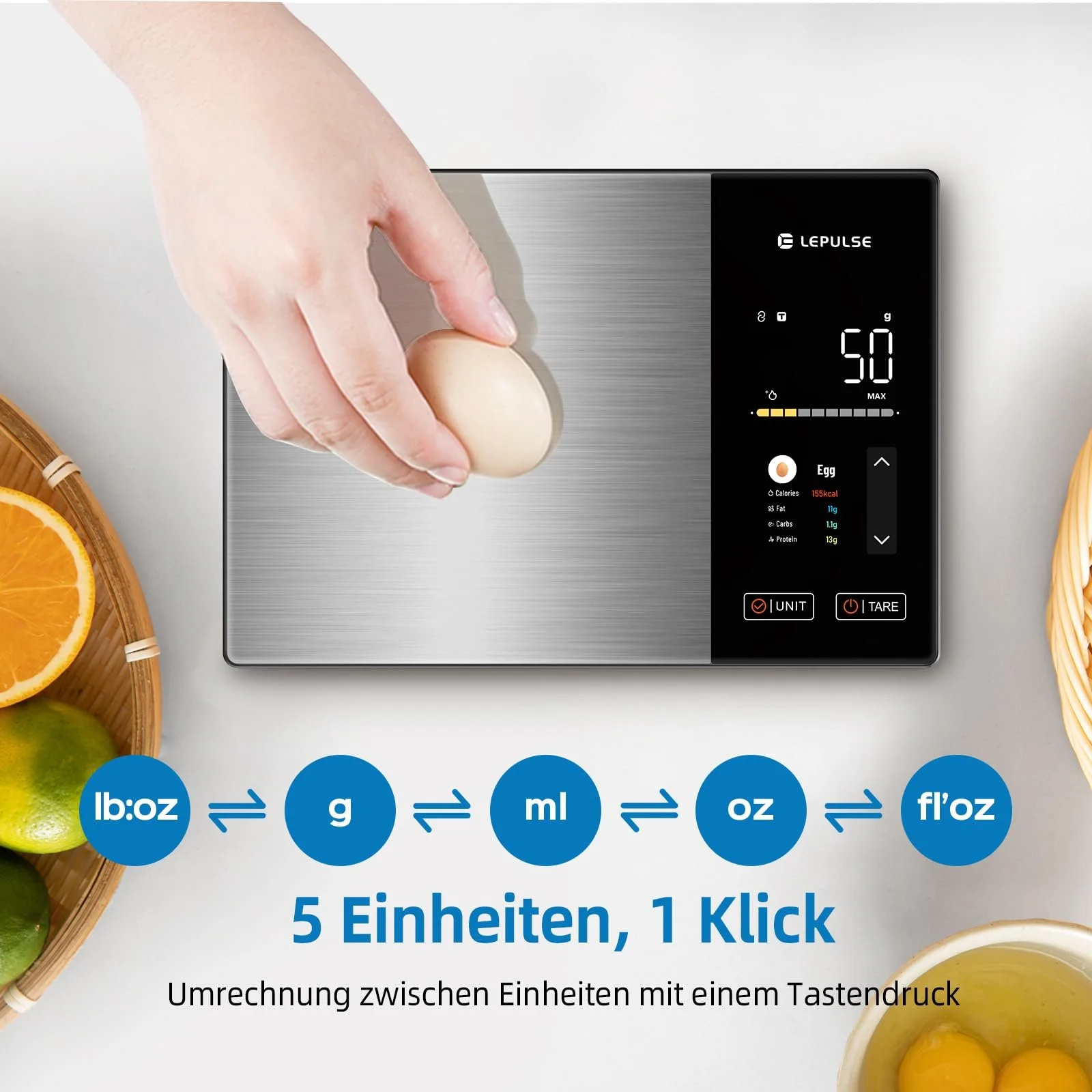 Кухонні ваги Lepulse Nutrition Scale 5 kg з TFT-дисплеєм та аналізом поживних речовин, фото №6 Кухонні ваги Lepulse Nutrition Scale 5 kg з TFT-дисплеєм та аналізом поживних речовин, фото №6