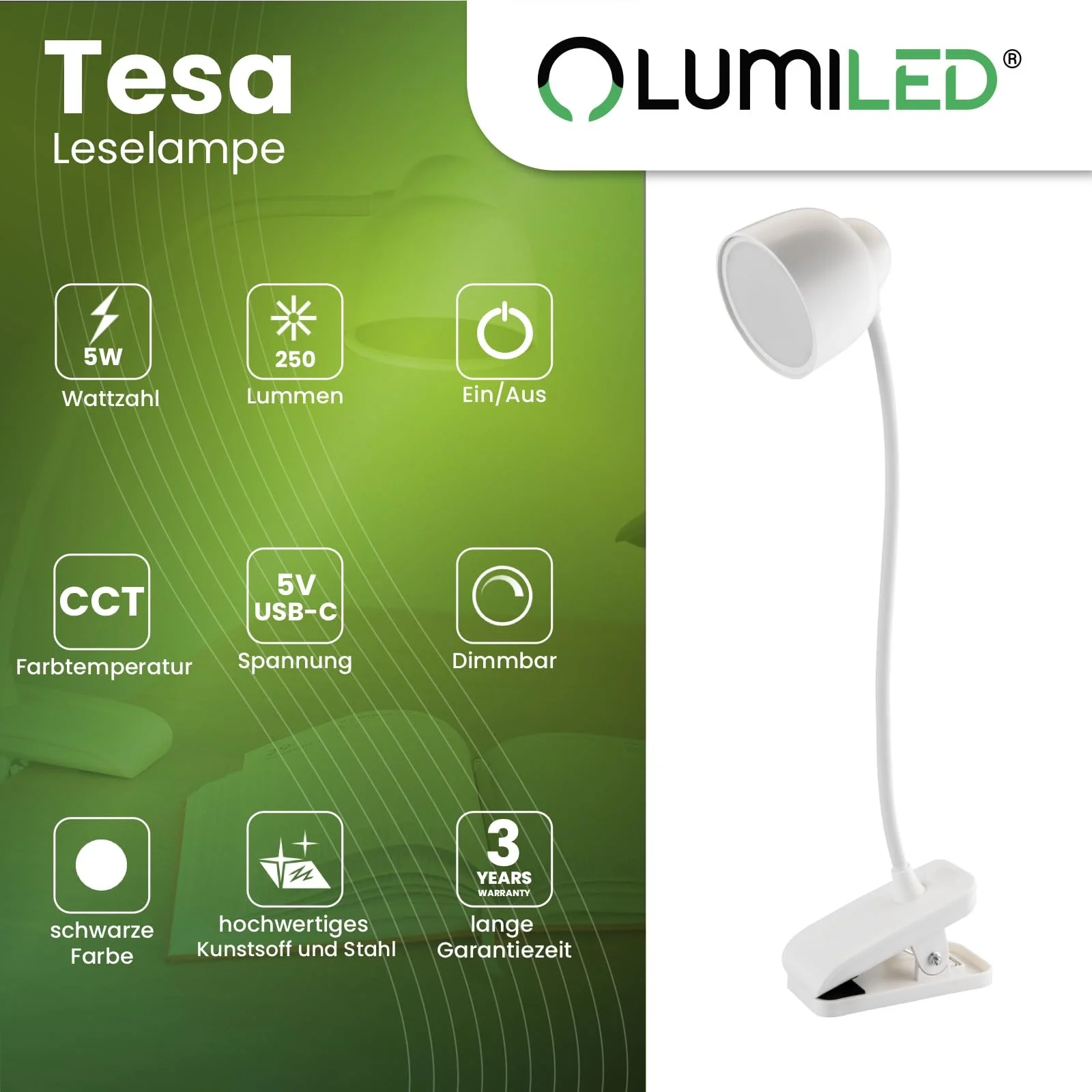 Настільна лампа Lumiled LED 5 Вт Димування CCT 3000/4500/6000K USB-C Гнучка шия Затискач Сенсорна Біла, фото №2