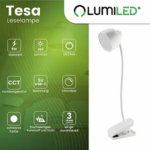 Настільна лампа Lumiled LED 5 Вт Димування CCT 3000/4500/6000K USB-C Гнучка шия Затискач Сенсорна Біла synthetic.ua - Фото 1