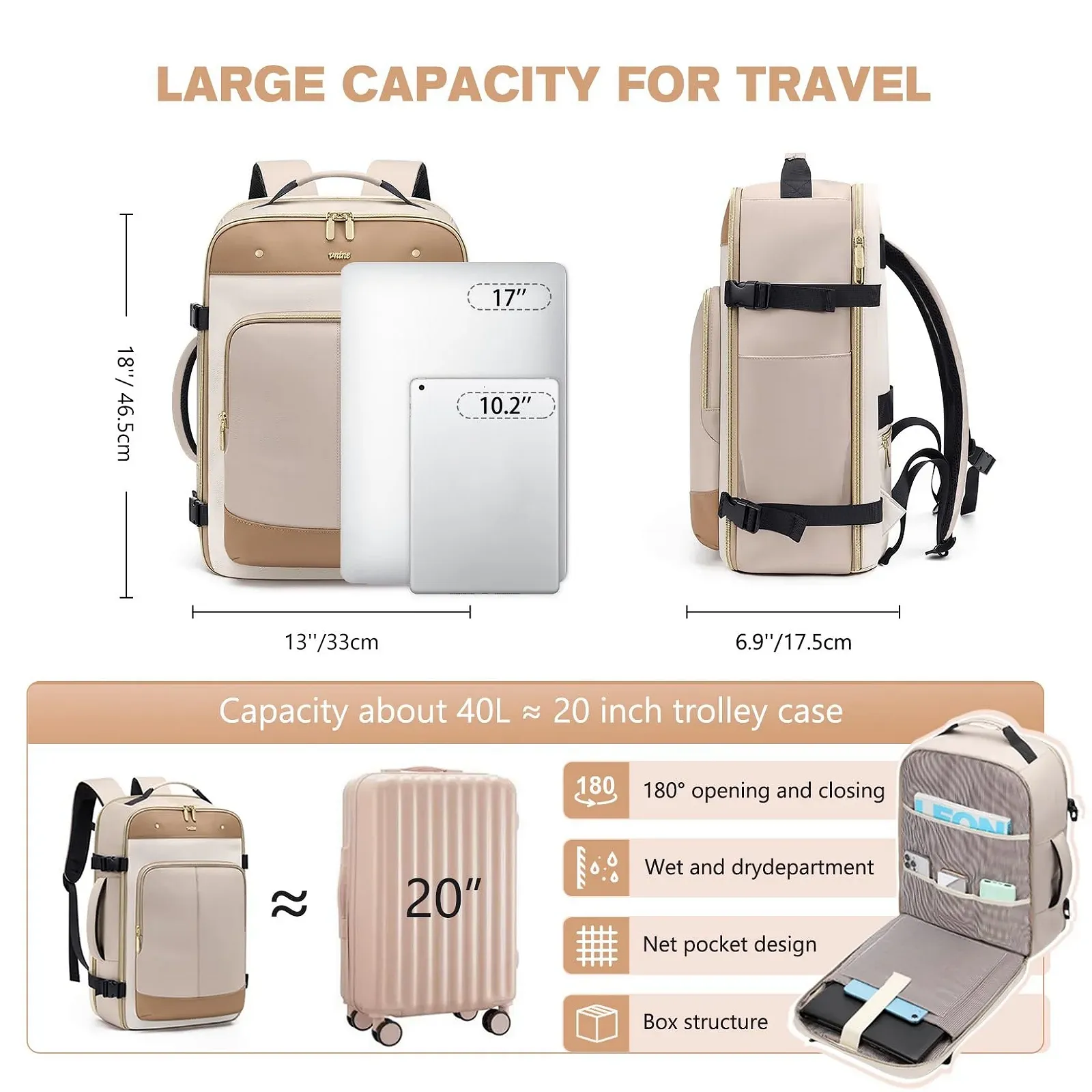 Рюкзак VNINE 40L 15.6-17" Water-Repellent Cabin Backpack, фото №4 Рюкзак VNINE 40L 15.6-17" Water-Repellent Cabin Backpack, фото №4