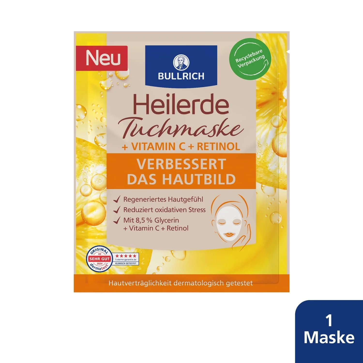 Тканинна маска Bullrich Healing Earth + Вітамін C + Ретинол, покращує колір обличчя, 1 шт, фото №3 Тканинна маска Bullrich Healing Earth + Вітамін C + Ретинол, покращує колір обличчя, 1 шт, фото №3