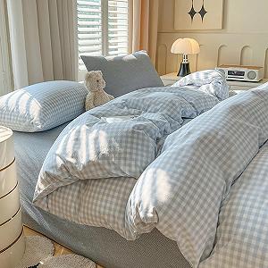 Постільна білизна Covebett 135 x 200 см, синьо-біла, в клітинку, сучасний комплект підодіяльника в стилі заміського будинку, геометричний картатий візерунок, з мікрофібри, праний, підодіяльник і наволочка 80 x 80 см на блискавці - Фото 1