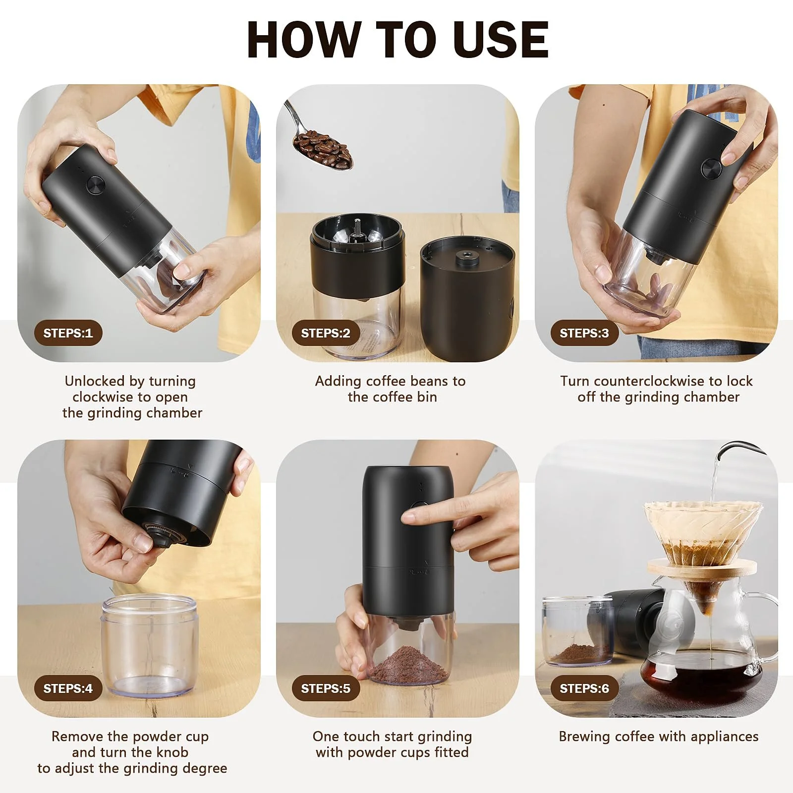 Кофемолка электрическая USB перезаряжаемая с керамической конической жерновкой, регулируемая грубость помола, фото №7