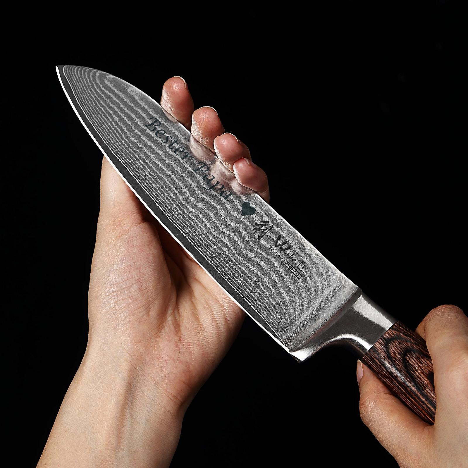 Набір ножів Santoku Wakoli Edib Damascus, великий та малий (17 см / 12 см), 67 шарів дамаської сталі (серцевина VG10), руків'я з дерева Pakka, у подарунковій коробці, фото №4