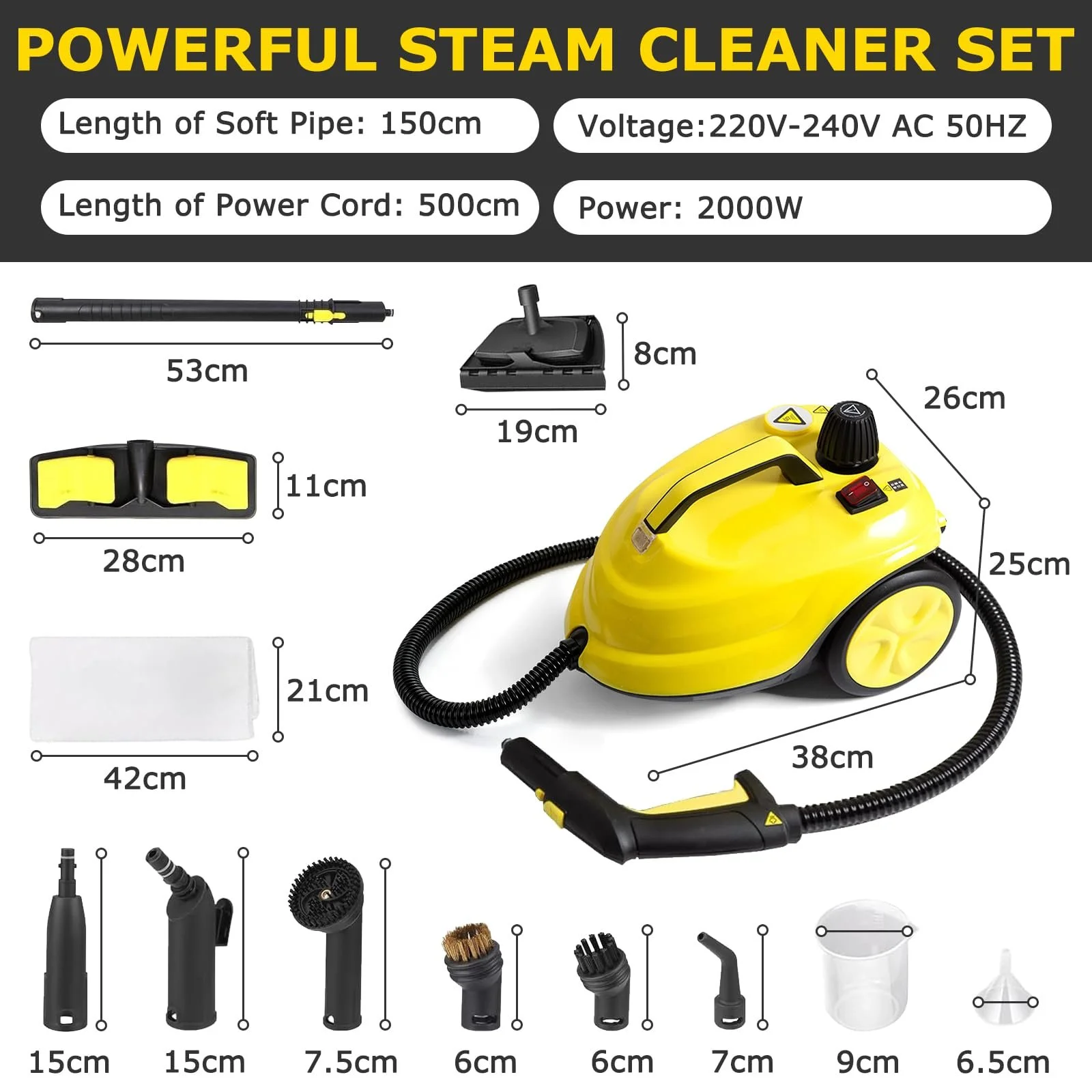 Пароочисник 2000 Вт 5 бар 108 м² 2 л з набором для чищення підлоги та насадками для меблів і килимів, фото №2 Пароочисник 2000 Вт 5 бар 108 м² 2 л з набором для чищення підлоги та насадками для меблів і килимів, фото №2