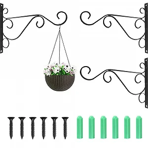 Кронштейны для подвесных корзин 3 шт. Настенные крючки из черного металла для фонарей и декора с 6 винтами - Фото 1