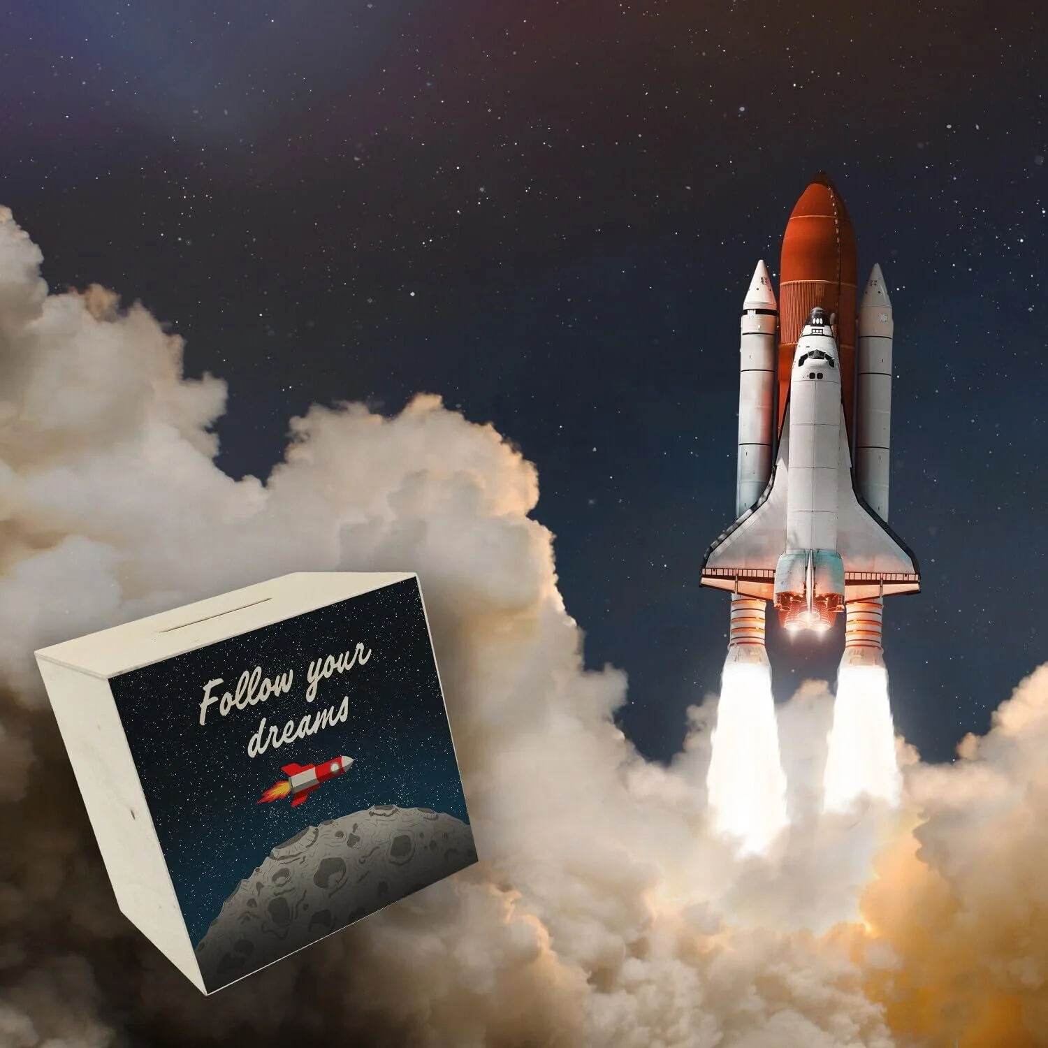 Скарбничка дерев'яна Rocket in Space Follow Your Dreams Ракета Космос, фото №6