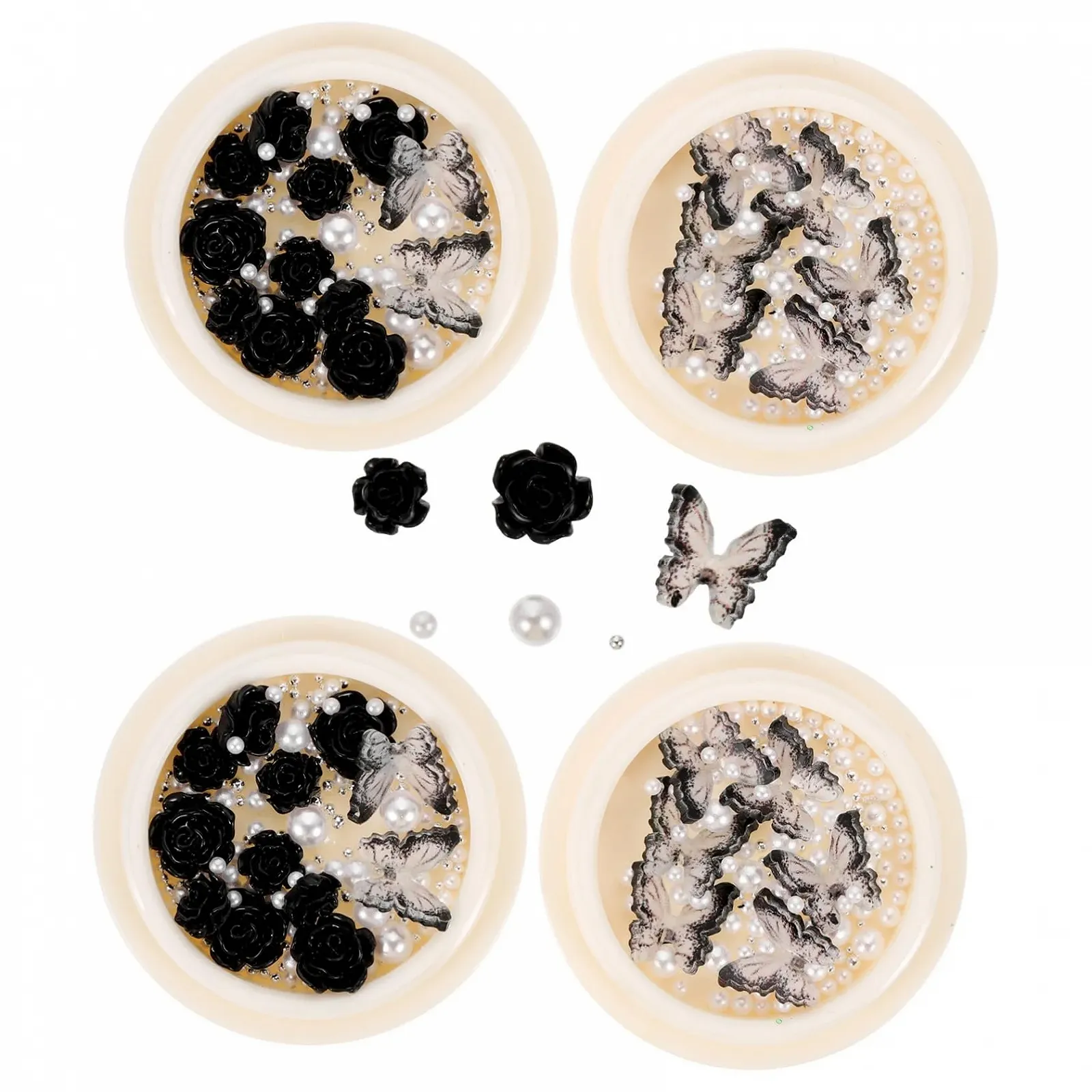 Цветок Стразы для ногтей FRCOLOR Черный 4 коробки Серебро, фото №1