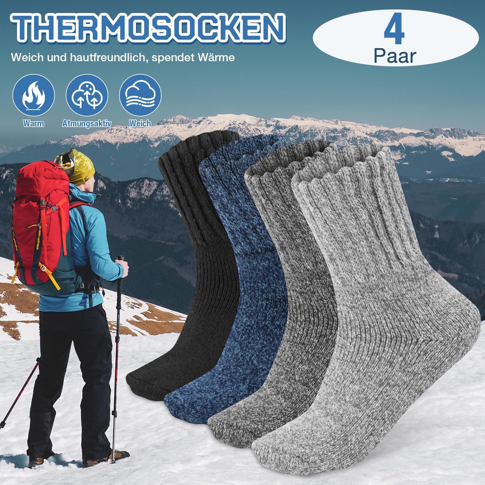 Термоноски Женские 4 пары, 35-39, Теплые Носки, Зимние Женские Носки, Мягкие и Удобные Шерстяные Носки, Толстые Носки, Вязаные Носки, Дышащие, для Дома, Спорта и Работы, фото №6