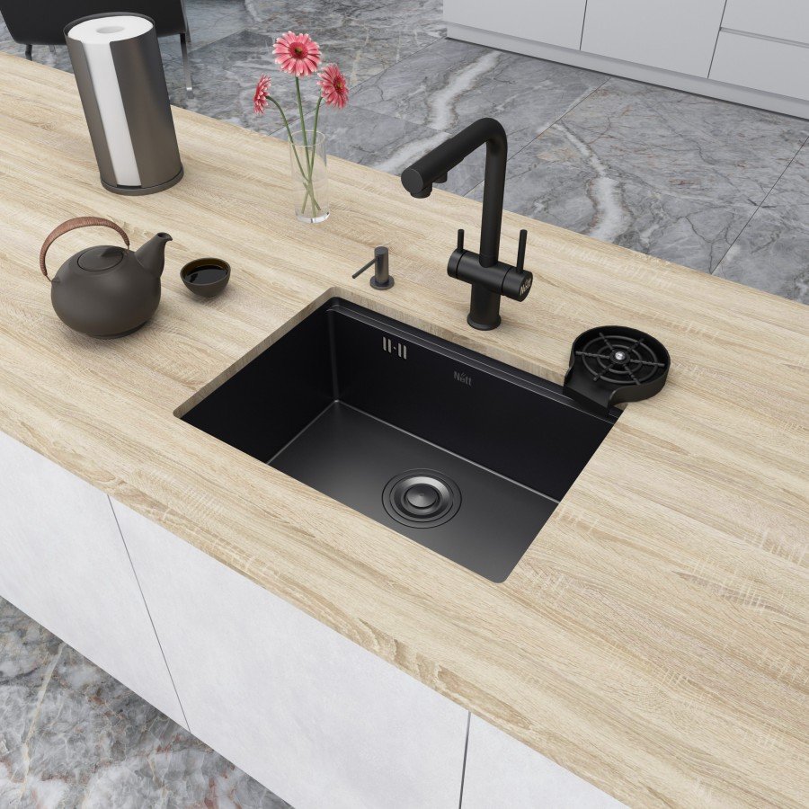 Кухонна мийка чорна під стільницю 1.5 мм, з PVD покриттям Nett NB-5742, фото №1