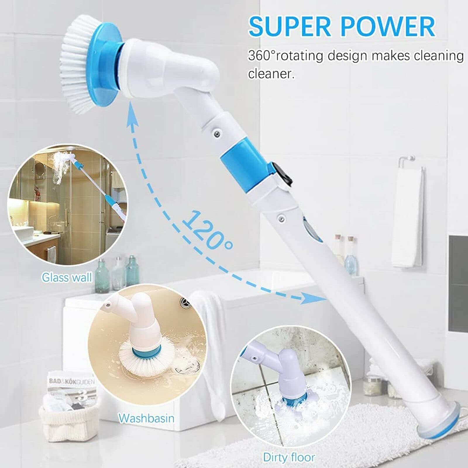 Электрическая аккумуляторная щетка Hurricane Spin Brush 3 сменные насадки телескопическая ручка 35 дюймов White, фото №4