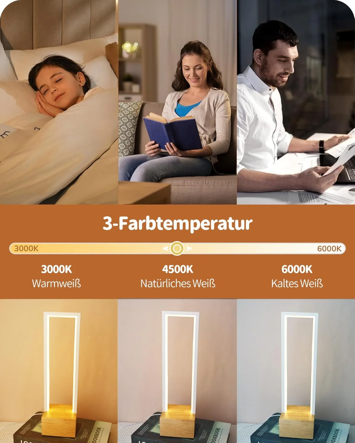 Настільна лампа himmel LED з регульованою яскравістю квадратна 3 колірні температури алюмінієва дерев'яна основа сенсорна Black, фото №3