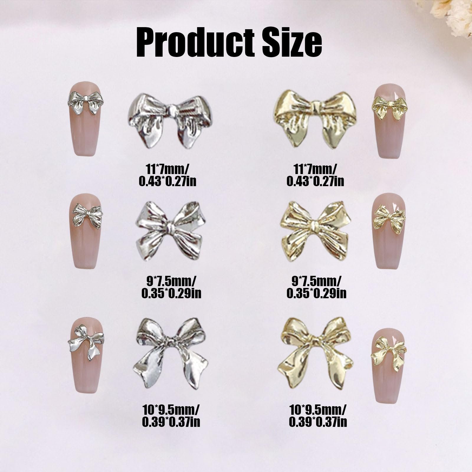 Украшения для ногтей Бантики, Набор 60 шт., Золотые Серебряные сплавные украшения для ногтей Бантики, Самоцветы для ногтей в форме галстука-бабочки, Металлические украшения для дизайна маникюра, Аксессуары для DIY поделок (B Золото и Серебро), фото №2