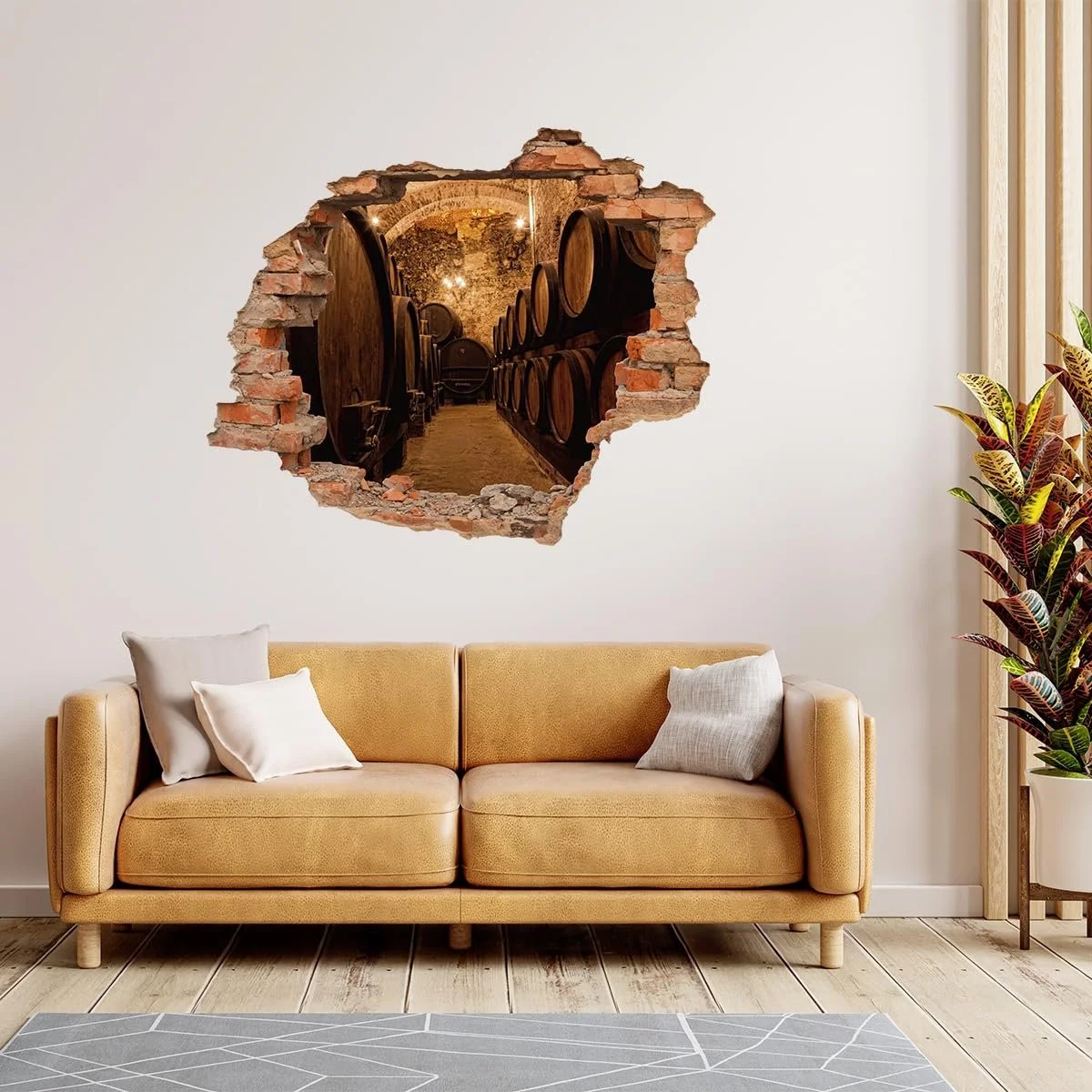 Наклейка на стіну DW000021 Винний льох з бочками та вином Квадратна 85 см x 70 см Червоний камінь, фото №2