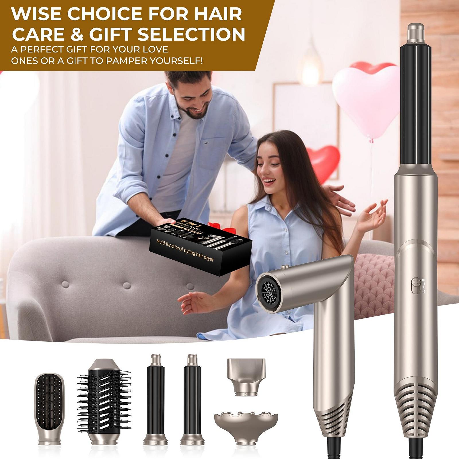 Мультистайлер UKLISS Airstyler 6-в-1 Фен-щетка Набор с плойкой, диффузором, щеткой для выпрямления, круглой щеткой 60000 об/мин Золотой, фото №4