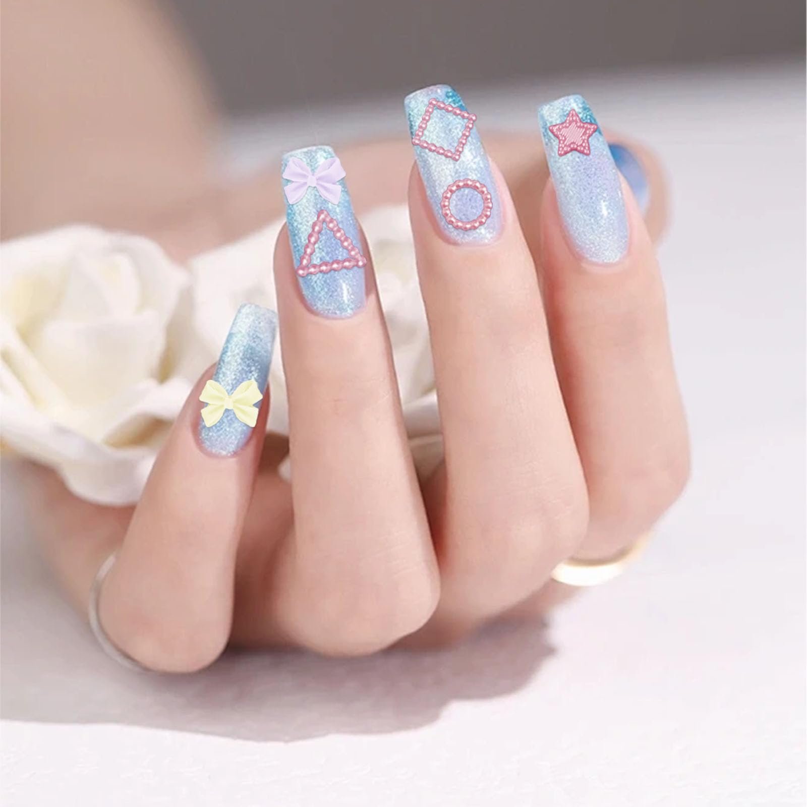 3D Подвески для ногтей AYNKH в форме бантиков, Различные формы, милые звезды, сердца, квадратные бусины, украшения для ногтей с инструментом для подбора для женщин и девочек, фото №7