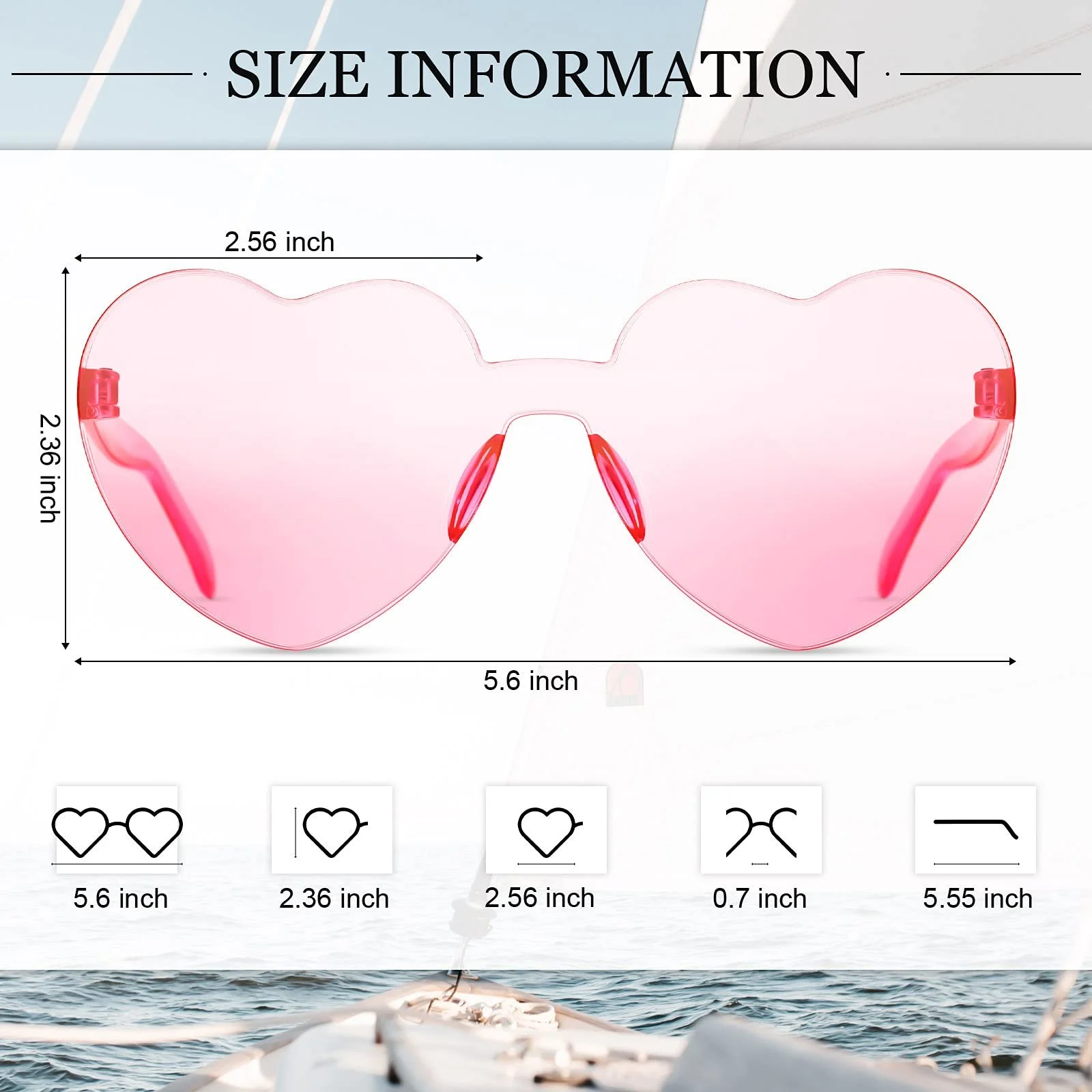 Сонцезахисні окуляри у формі серця Без оправи Прозорі Кольорові Рожевий, L, фото №2