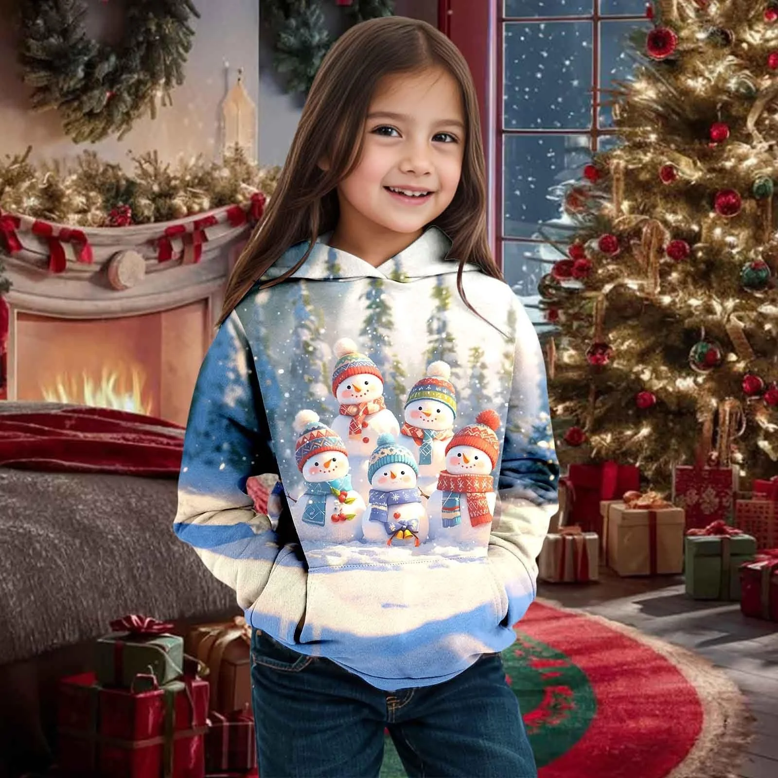Рождественский свитер Детский Зимний на рождественскую тематику Снеговик Длинный рукав Толстовка Теплая и удобная детская одежда для мальчиков и девочек, фото №3
