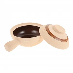 Керамическая кастрюля VALICLUD малая с крышкой термостойкая для супов и риса бежевая - Фото 1