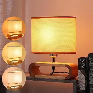 Настільна лампа LED дерев'яна основа лляний абажур 3 режими E27 - Фото 1