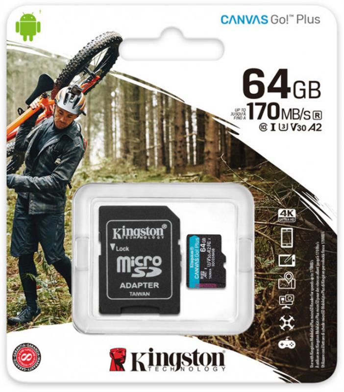Карта памяти MicroSDXC 64GB UHS-I/U3 Class 10 Kingston Canvas Go! Plus R170/W70MB/s + SD-адаптер SDCG3/64GB, фото №3