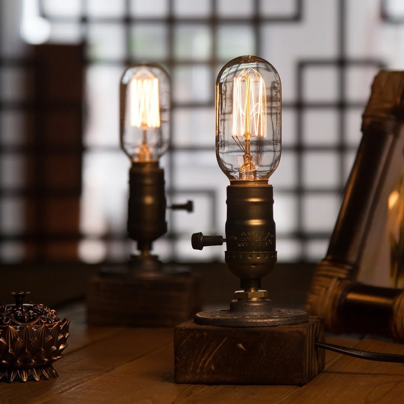 Настільна лампа дерев'яна вінтажна в індустріальному стилі E27 з димером Коричневий, фото №7