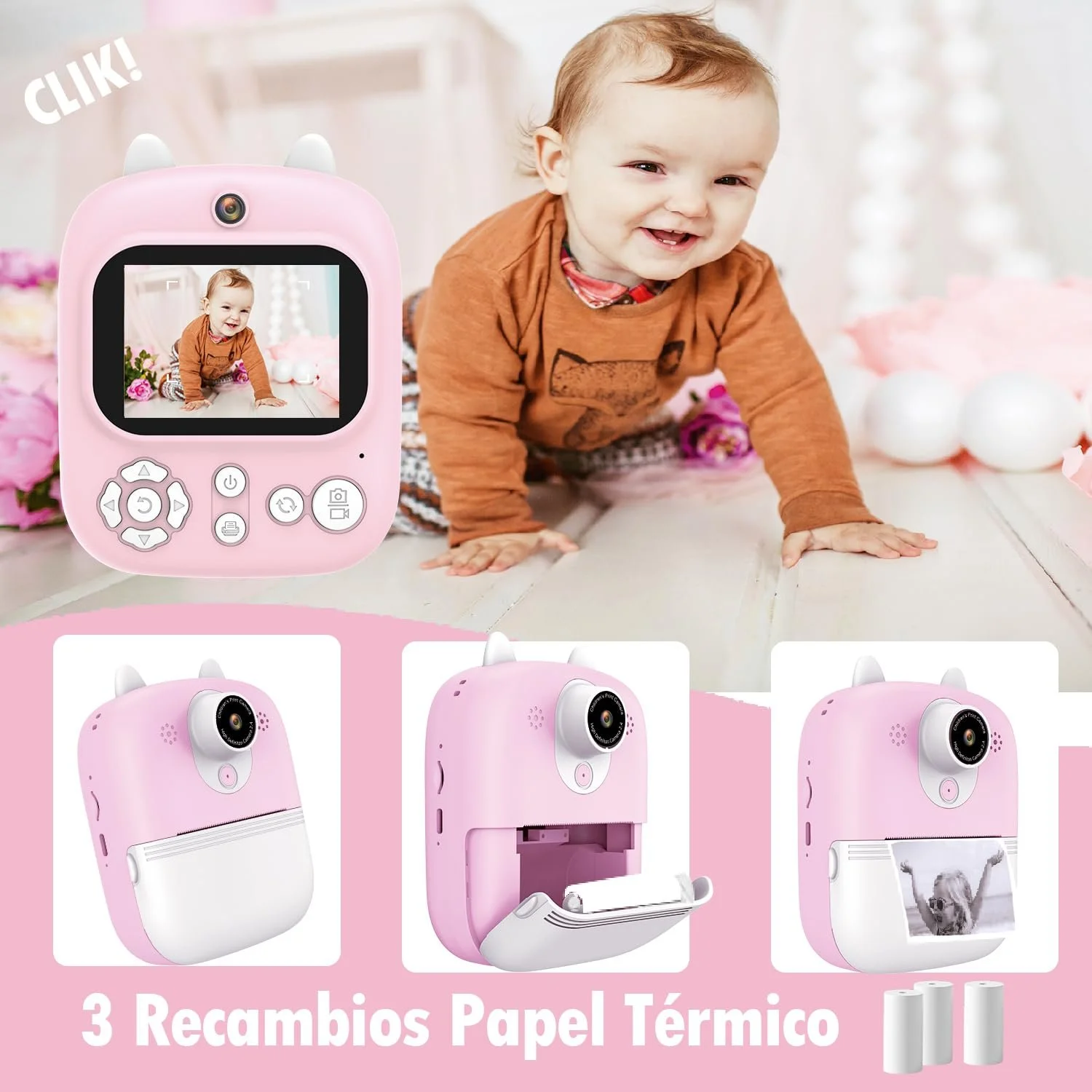 Детский цифровой фотоаппарат с мгновенной печатью Lacosvi 12MP 1080 HD Videos IPS 2.4" SD 32GB Pink, фото №6