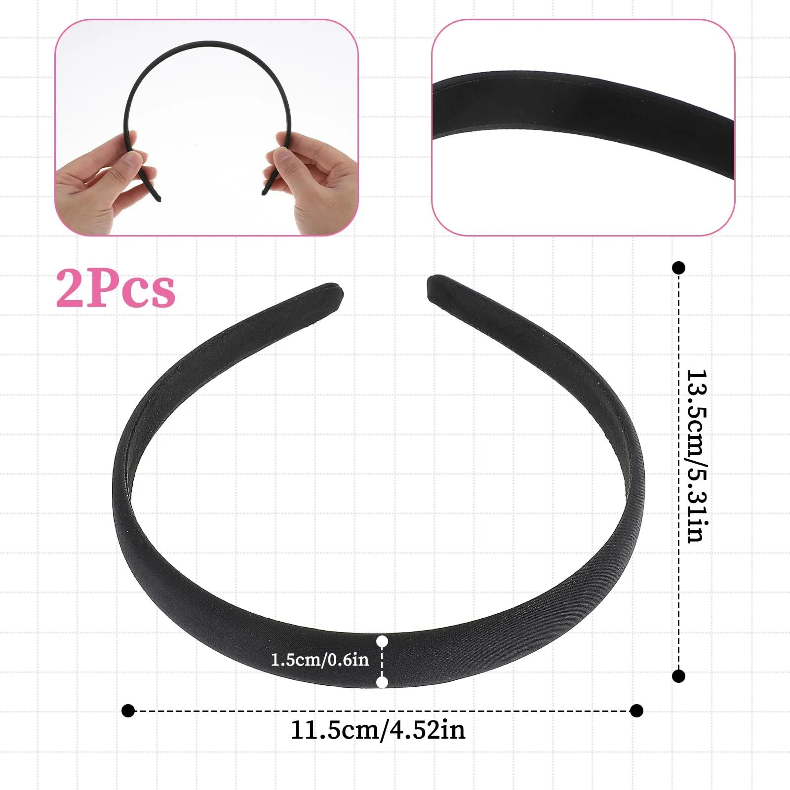 Обруч Атласный 1.5 см Черный (2 шт. в упаковке), фото №2 Обруч Атласный 1.5 см Черный (2 шт. в упаковке), фото №2